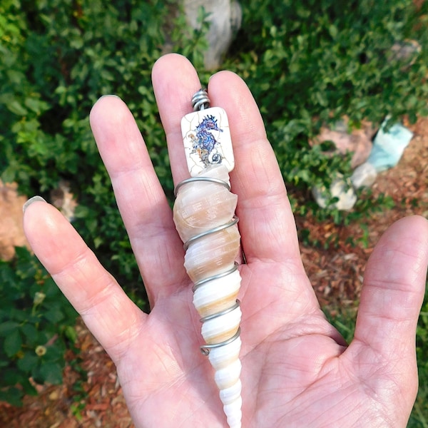 Magical Handmade Wire Wrapped Unicorn Horn- Conical Turritella Spiral Shell Charm- Pendant/ Adjustable Sliding Knot Necklace