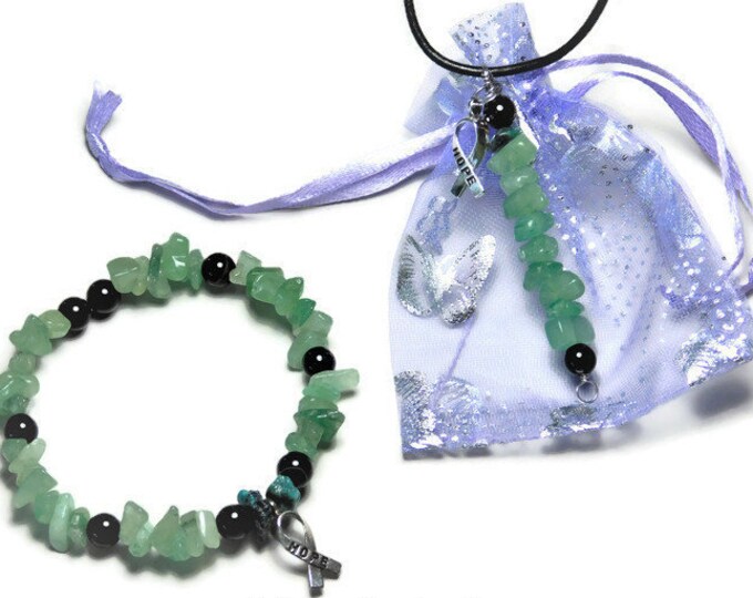 Mental Health Awareness- Green Aventurine Chip/ Nugget Handmade Beaded Bracelet/ Necklace And Bag Set- Choose Your Size