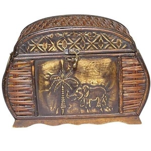 Vintage houten rieten olifant schatkist sieraden, aandenken, trinket, tarotkaartdoos, altaardoos, manifestatie/wensdoos