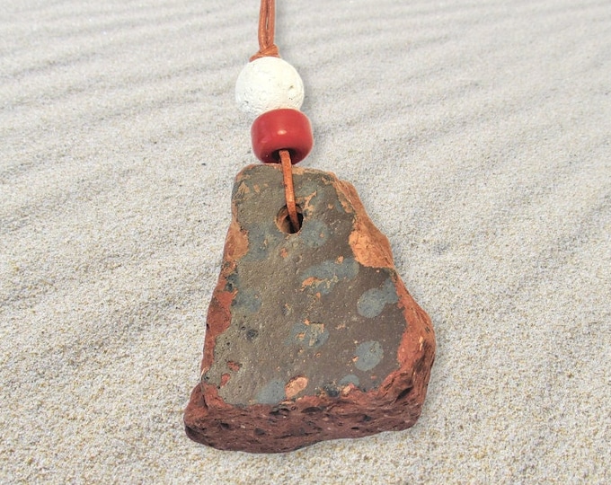 Handmade Brown/ Red "River Tumbled Relics" River/ Lake- Pottery/ Ceramic/ Sea Glass - Aromatherapy/ Diffuser- White Lava Necklace