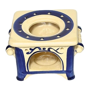 Vintage 1980s Cream-Colored And Blue Ceramic Mini Stove Teapot Oil Diffuser Tea Light Candle Holder Wax Warmer