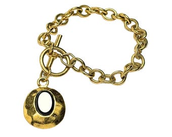 Vintage Avon Gold Tone Black Onyx Oval Charm Pendant Chain Link Bracelet