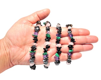 Quartz rose-tourmaline noire-malachite-puce d'améthyste Bracelets de protection empathe faits à la main avec cordon extensible pour bijoux-Choisissez votre taille