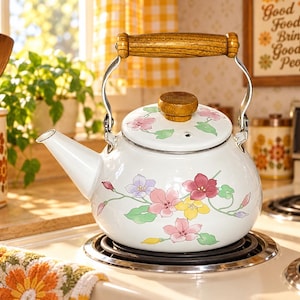 May include: A white enamel tea kettle featuring a floral pattern with pink, yellow, and purple flowers and green leaves. The kettle has a wooden handle and a matching wooden knob on the lid, with a silver metal frame connecting the handle to the body.