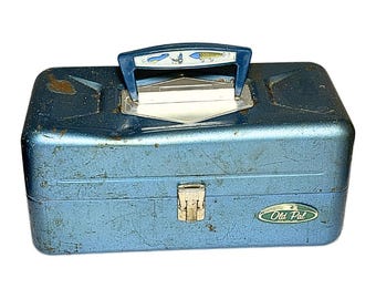 Vintage 1960s Blue Metal Old Pal Two-Tray Divided Storage Fishing Tackle Box