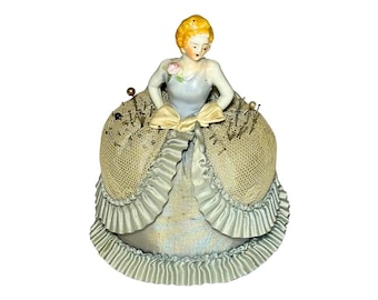 Antique 1920s Hand Painted Porcelain Half Doll Flapper Girl Style Pincushion Collectible Figurine With Pins