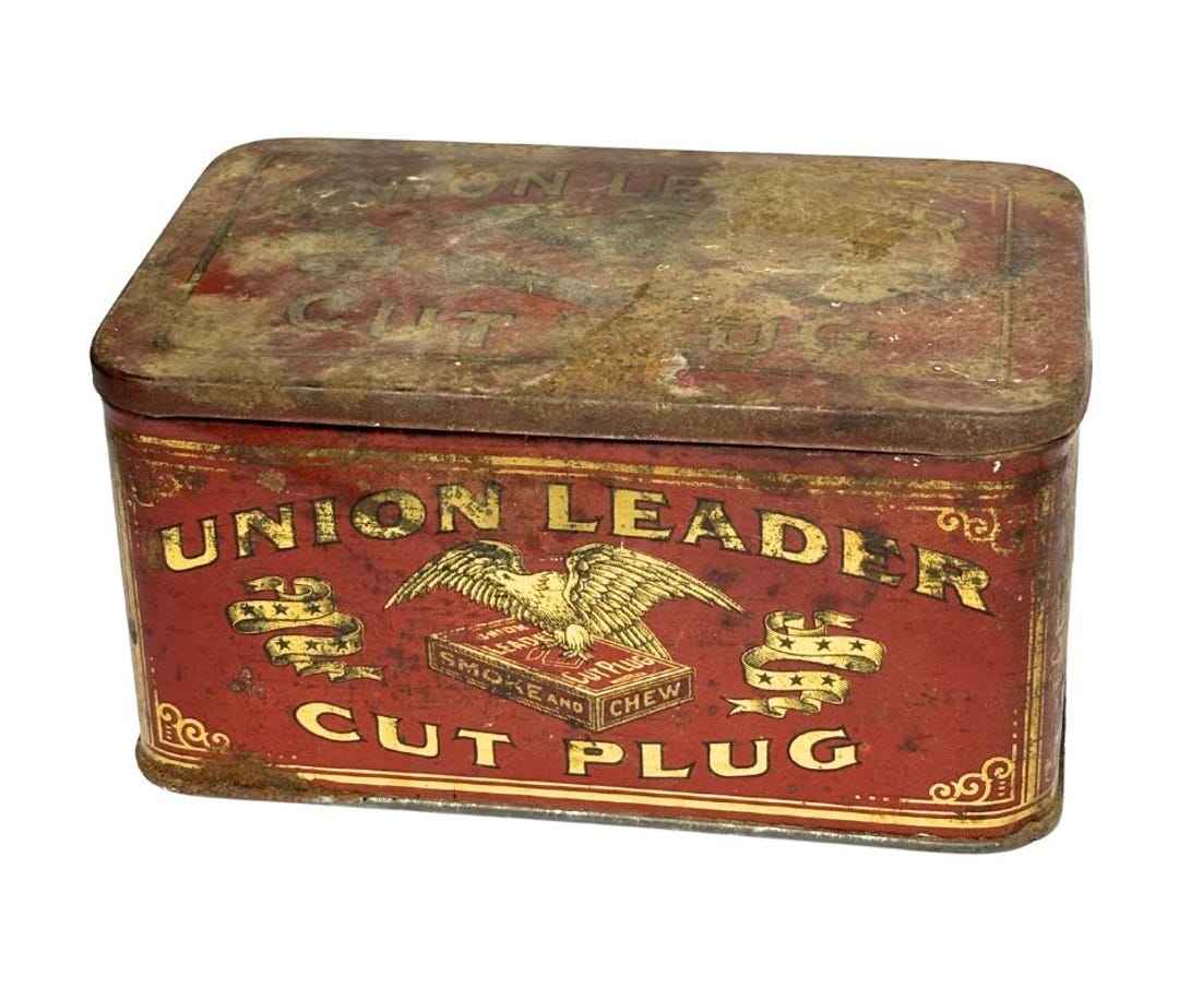 空缶 UNION LEADER CUT PLUG TIN アンティーク ティン缶 Antique Union Leader Cut Plug Smoke and Chew Tobacco Empty Tin