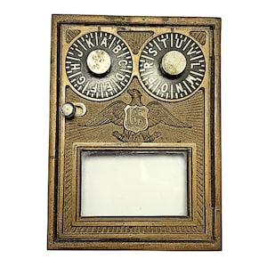 Antiker Anfang 1900er Messing Corbin # 1 Kleine Größe US Double-Dial Zahlenschloss Postfachtür mit Glas