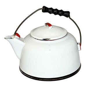 May include: A white enamel tea kettle with a black handle, a red lid knob, and red accents at the spout and handle base. The kettle features a dark rim at the base and a black, textured grip on the metal handle, showcasing a classic design.