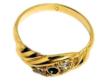Vintage Avon Gold Tone Green And Clear Rhinestones Size 8 1/2 Ring