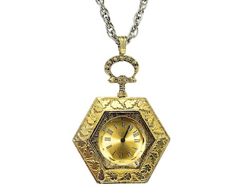 Vintage 1970s Silver Gold Tone Alsta 17 Jewel Hexagon Ornate Oak Leaf Bezel Mechanical Pendant Watch Necklace Non-Running For Parts/Repair