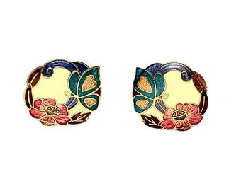 Vintage 1980s Gold Tone Cloisonné Enamel Butterfly Floral Pierced Earrings