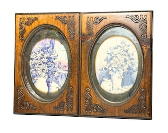 Vintage 1970s Floral Engraved Wood Framed Mirror Picture Set