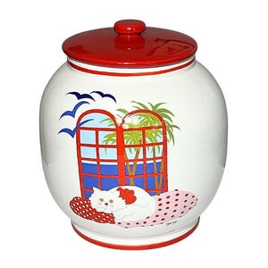 Duży ceramiczny słoik na ciasteczka z podpisem Terry z lat 60. XX wieku, Rosenthal Netter Made in Italy, scena z kotem w oknie