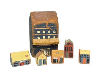 Vintage 1988 Handmade Wood Block Houses Miniature Buildings Village Figurines Lot Of Six