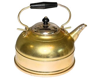 Vintage 1970s Hong Kong Messing überzogene Kupfer dekorative Teekanne mit Plastikgriff und Knopf