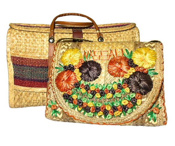 Borsa da spiaggia vintage anni '60 in paglia intrecciata con chiusura a  scatto, modello Messico, con manico in pelle e set di borse da turista