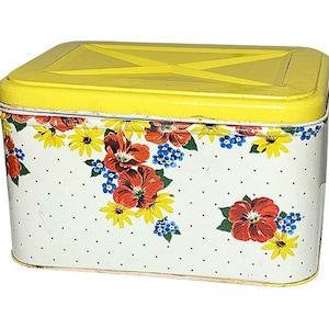 Scatola per pane e torte in metallo giallo con coperchio incernierato, anni '50, marca Parker, per alimenti secchi.