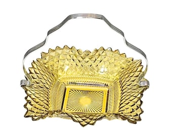 Plato para bombones de caramelo con asa, de vidrio prensado de Indiana vintage, con diseño de punta de diamante y caléndula