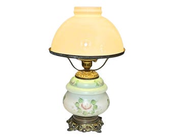 Vintage 1960s Gone With The Wind 3-Way Milk Glass Pink Flowers Light Green Base No Chimney Hurricane Lamp