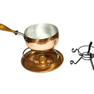 Vintage Copper Silver-Toned Fondue Pot With Wooden Handle Underplate Candle Fuel Burner No Lid Set And Extra Iron Stand