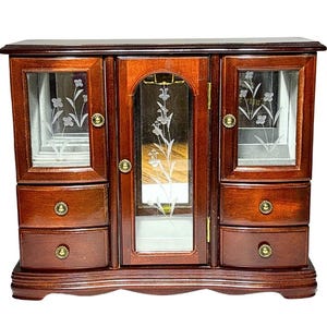 Carrusel vintage de los años 90 con espejo, forrado en gris, con cuatro cajones, de madera, ideal para guardar joyas, recuerdos, baratijas, cartas del tarot, altares y cajas de deseos.