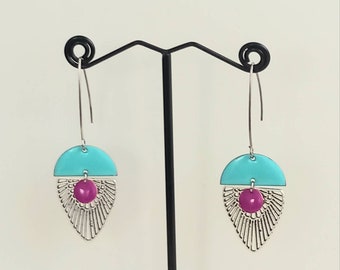 Boucles d'oreilles graphiques, émail turquoise et violet