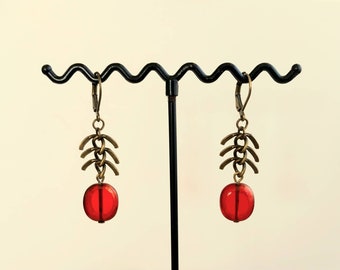 Boucles d'oreilles femme pendantes, perles rouges, verre de bohême