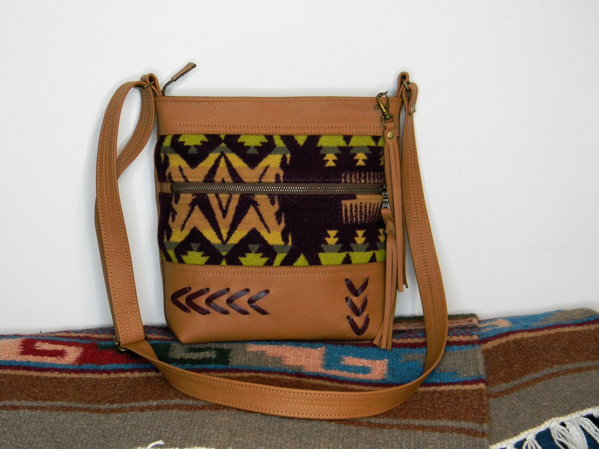 Traveling Leather Bag With Oregon Woolen Mill Fabric Tan - Etsy