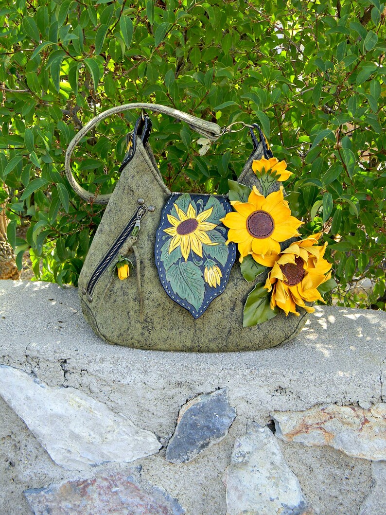Leather Sunflowers Handbag Hand Carved Tooled and Painted Etsy