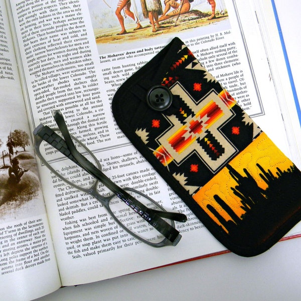 Southwestern Eyeglasses Case Tribal and Sunset Fabric Eyewear Pouch Narrow Orange Black Textile Quilted Sunglasses Case Original and OOAK