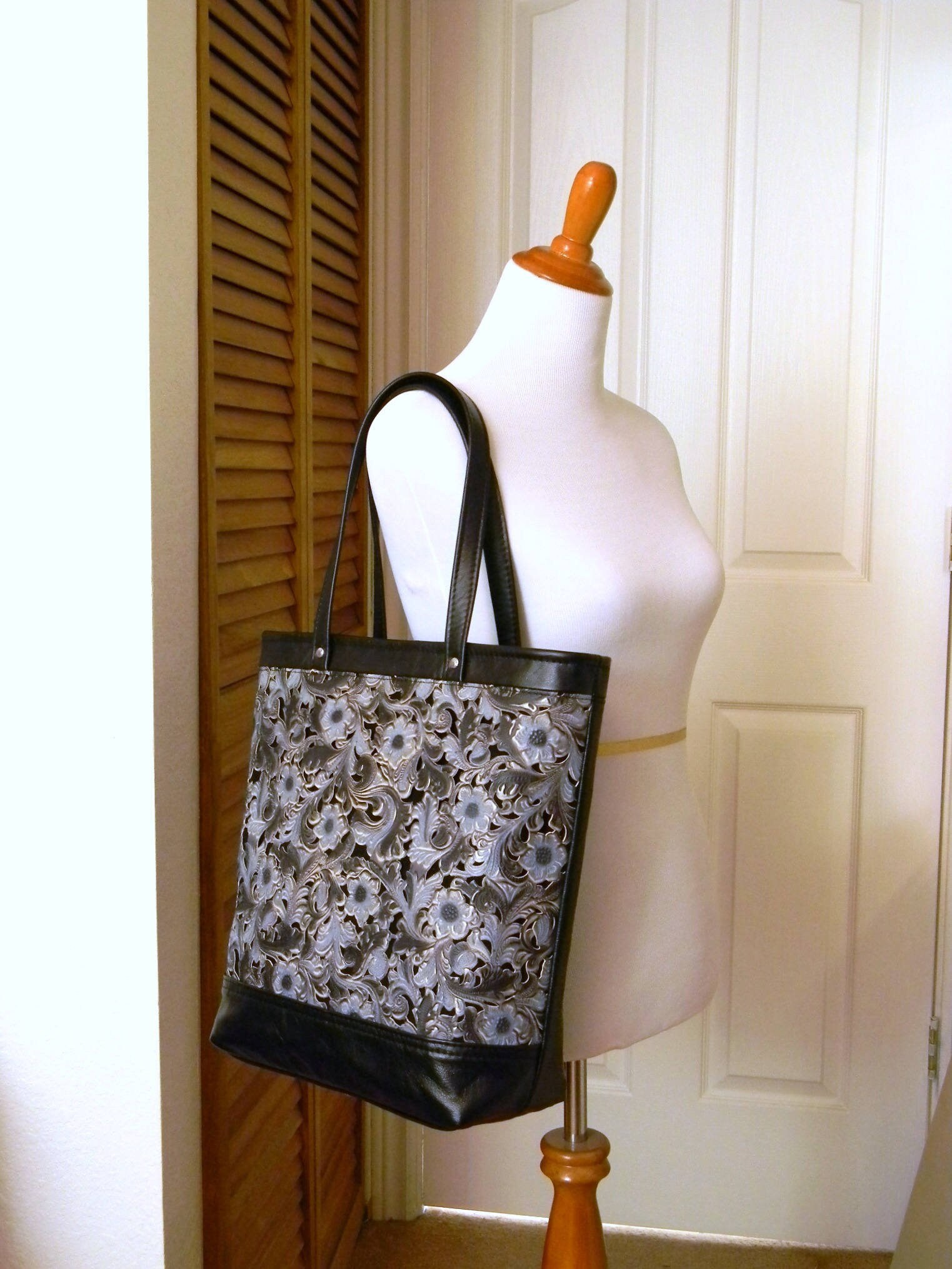 Floral Laser Cut Leather Bag, Black Wrinkled Finish Leather Tote, Floral Laser Cut Blue Denim ...