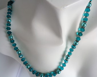 Teal Crystal Pearl Beaded Jewelry Set: Necklace, Bracelet & Earrings