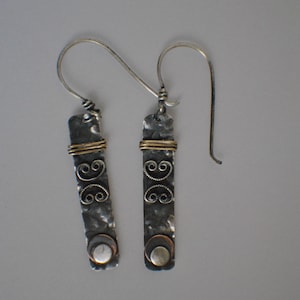 Mixed metal dangle earrings, Sterling silver, Brass and Copper, rich patina, Handmade, OOAK