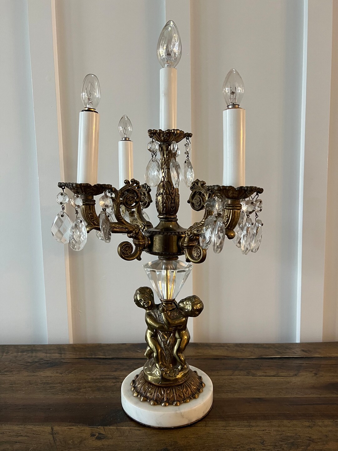 Vintage Crystal Candelabra Table Lamp Gold Color With Cherubs Etsy