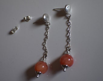 Angel Skin Coral Sterling Silver Dangle Earrings, Handmade