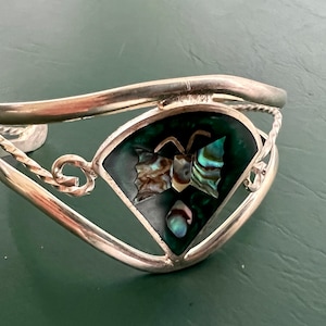 Hand made sterling silver alpaca Mexico shell inlay cuff bracelet, extra small, 5 1/2 inches