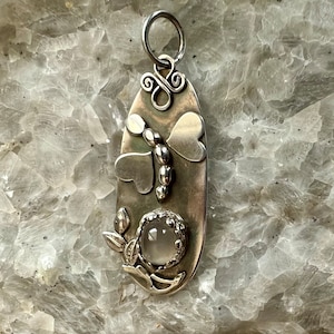 Sterling silver moonstone pendant, dragonfly pendant, up cycled sterling silver ring bail, Mother’s Day gift, birthday gift