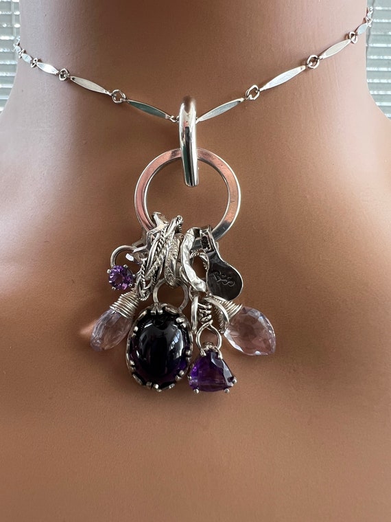 Sterling Silver Charm Pendant Necklace, Amethyst Rose Quartz, 30 Inch Chain
