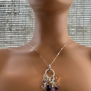 Puede incluir: Un collar de plata con un colgante con una gema grande de color p&uacute;rpura oscuro y gemas m&aacute;s peque&ntilde;as de color p&uacute;rpura y rosa. El colgante est&aacute; unido a una delicada cadena de plata.