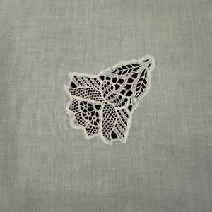 May include: White lace trim with a floral design on a white fabric background.