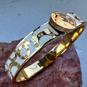 Enameled gold bangle, vintage estate item, white and gold hinged bangle bracelet