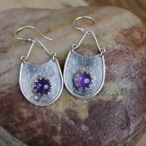 Round cabochon cut Amethyst earrings, 6.1 cts 9mm round sterling silver handmade