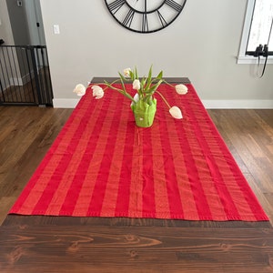 Vintage red Christmas tablecloth, red and gold shimmer 76&quot; by 56&quot; inches, circa 1970&#39;s, estate item
