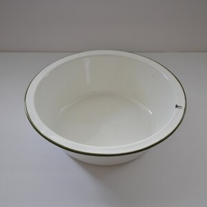 French enamelware bowl, no chips, green trim on white, country decor