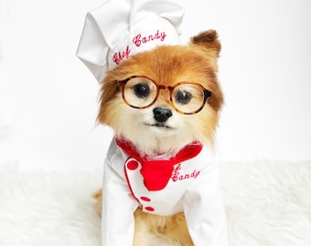Personalized Chef coat&matching scarf set! Halloween costume cook gown, dog cosplay outfit, puppy cooking outfits, pets custom white jacket