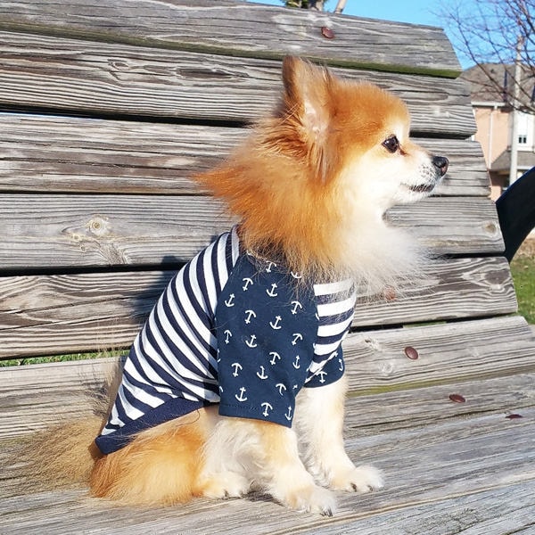 ネイビーホワイトの犬服、マリンルックの犬用トップス、XS～4XL