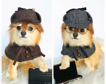 Dogs Sherlock Holmes Hat & Cape Set! HANDMADE dog detective hats, dogs herringbone caps, detective costume, pet hoodies, puppy muffler, hats