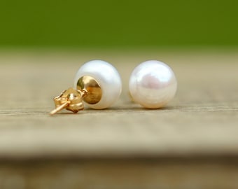 14K Gold Filled Ivory White Pearl Stud Earrings, Bridal Earrings, Bridesmaid Gift, Real Pearl Studs, Freshwater Pearl Earrings, 3-11mm