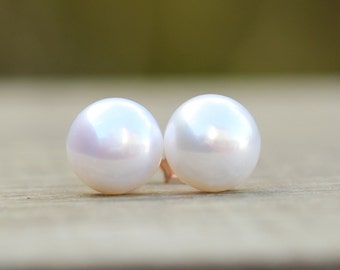 Rose Gold White Pearl Earrings, Rose Gold Vermeil Stud Earrings, Bridal Earrings, Bridesmaids Gift, Wedding Jewelry, Freshwater Pearl Studs